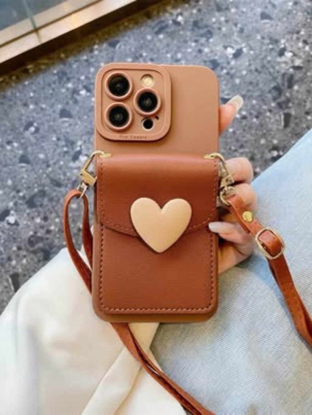 Brown Crossbody iPhone 15 Pro Case with Heart Card Holder